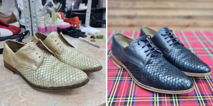 До и после: Перекраска обуви из кожи питона